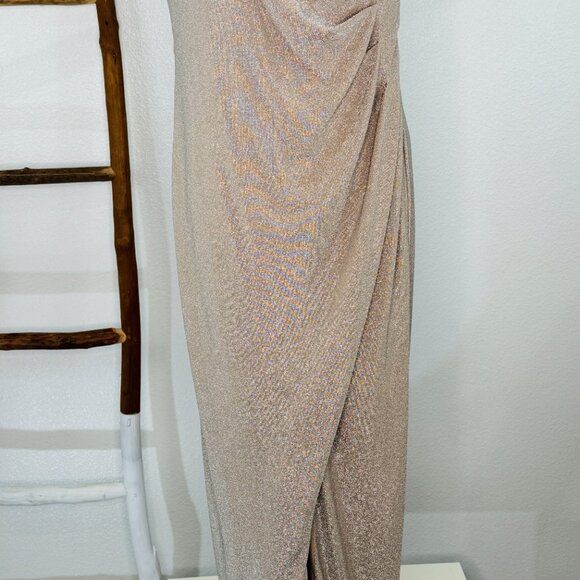 ADRIANNA PAPELL Gold Maxi Glitter Knit Lined Formal Gown Women SZ 14 Champagne - Picture 4 of 15